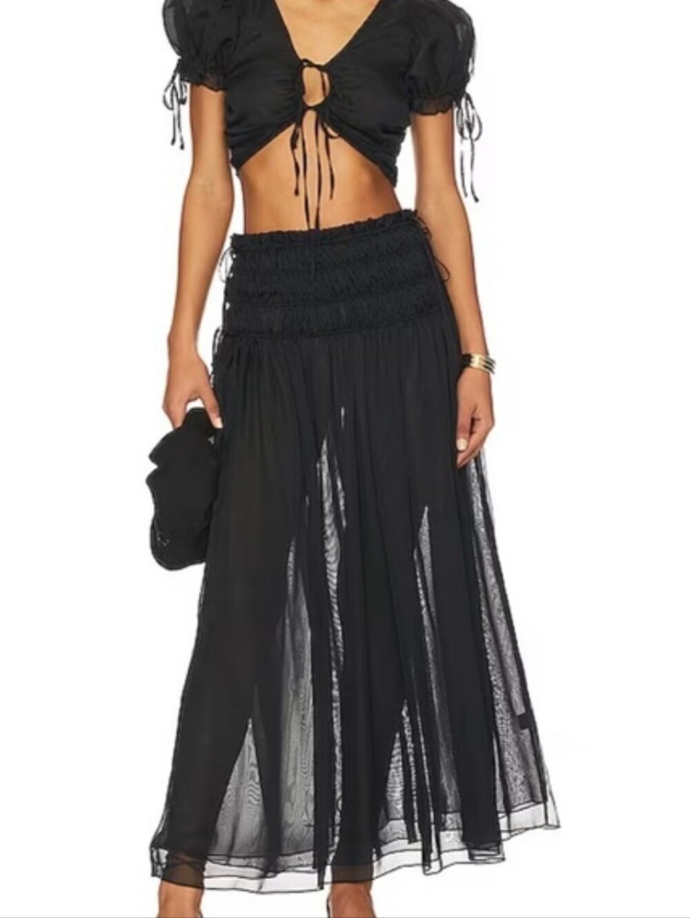 REVOLVE LPA Ophelia Black Sheer Maxi Skirt Ruched Waist XL